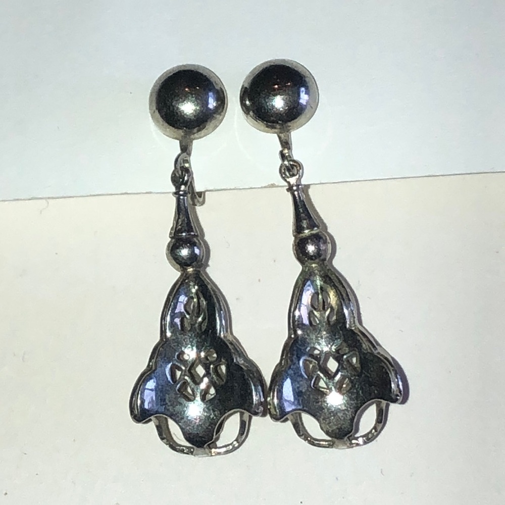 Vintage Silver Tone Floral Drop Screw Back Earrings